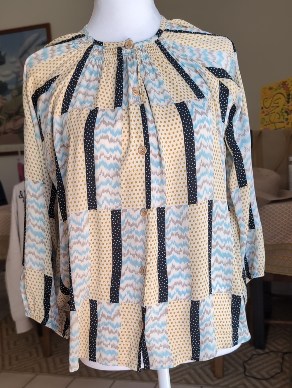 Tucker Silk Patchwork Print Button-Front Women’s Blouse - Blue & Cream